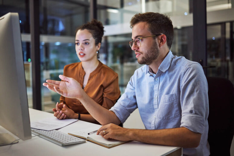 Two employees looking at a computer screen and talking