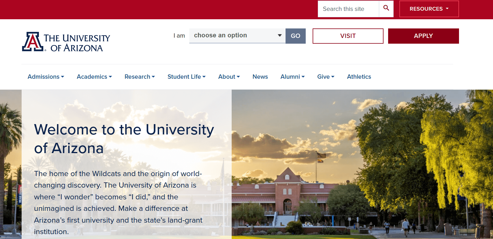 The University of Arizona website homepage